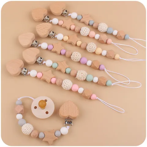 Tétine Pour Bébé Et Attache-Tétine Silicone Perles En Bois De Hêtre Perle Au Crochet Porte-Tétine Pour Nourrissons