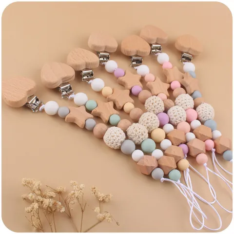 Cartoon Beech Wood Heart Star Baby Pacifier Clip Silicone Crochet Beads Teething Chain Anti-Drop Nipple Holder Strap