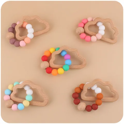 Cartoon Cloud Beech Wood Silicone Baby Teether Toy Macaron Colorful Beads Infant Grasping Rattle Sensory Nursing Toy For Toddlers