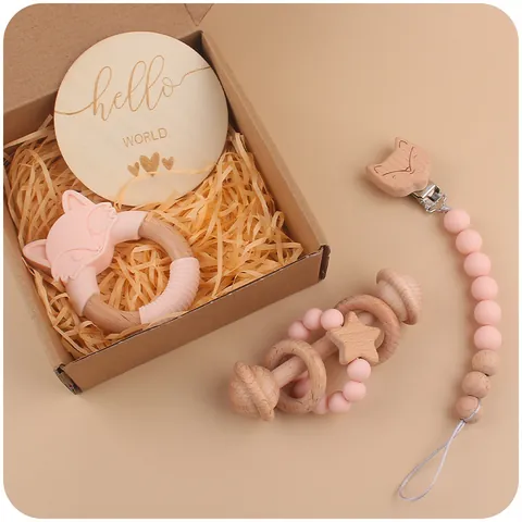 Fox Baby Teether And Beech Wood Rattle With Pacifier Clip Milestone Card Silicone Wooden Newborn Toddler Infant Gift