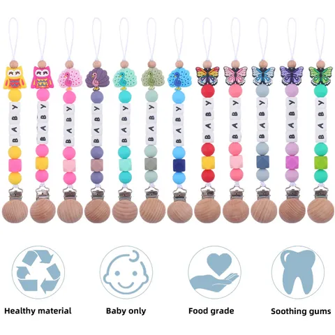 Silicone Wooden Baby Pacifier Clip Cartoon Owl Peacock Butterfly Teether Chain Anti-Lost Soothing Beaded Holder Infants