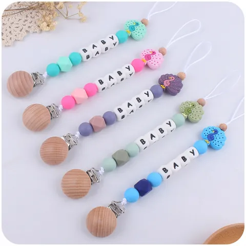 Silicone Wooden Baby Pacifier Clip Cartoon Owl Peacock Butterfly Teether Chain Anti-Lost Soothing Beaded Holder Infants