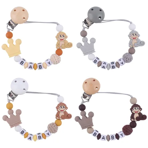 Silicone Baby Pacifier Clip Cartoon Monkey Teether Chain With Wood Clip And Crochet Beads Infant Soother Holder Accessory