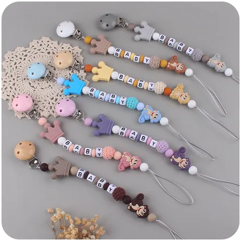 Silicone Baby Pacifier Clip Cartoon Monkey Teether Chain With Wood Clip And Crochet Beads Infant Soother Holder Accessory