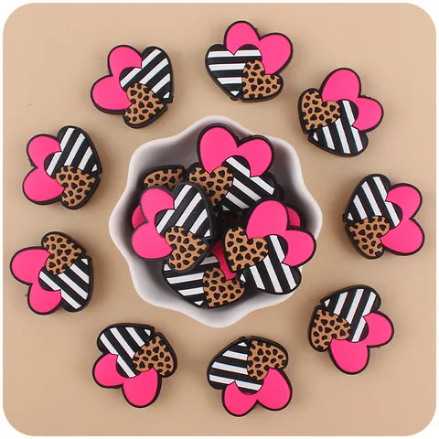 Cartoon Triple Heart Silicone Teether Bead Leopard Stripe Pattern DIY Baby Pacifier Chain Accessory Soft Silicone Teething Toy