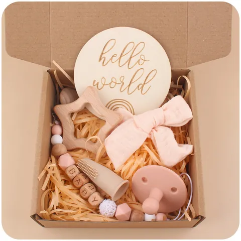 Newborn Baby Gift Collection Silicone Pacifier Beech Wood Star Teether Bow Headband Milestone Card Infant Care Essentials Kit