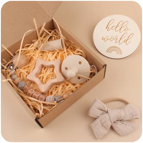 Newborn Baby Gift Collection Silicone Pacifier Beech Wood Star Teether Bow Headband Milestone Card Infant Care Essentials Kit