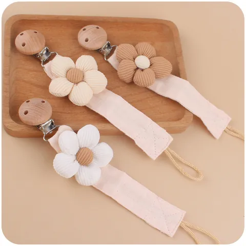 Baby Pacifier Clip Chain Cartoon Corduroy Flower Cotton Fabric Beech Wood Pacifier Holder For Infant Anti-lost Soothing Strap