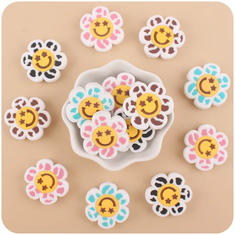 Cartoon Flower Smiley Face Baby Teether Bead Silicone DIY Pacifier Chain Accessory Animal Print Star Eye Infant Teething Relief Charm