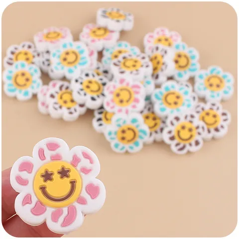 Cartoon Flower Smiley Face Baby Teether Bead Silicone DIY Pacifier Chain Accessory Animal Print Star Eye Infant Teething Relief Charm
