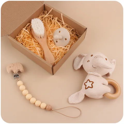 Soothing Baby Gift Set With Animal Plush Rattle Wooden Hair Brush Silicone Pacifier And Beaded Pacifier Chain For Infants