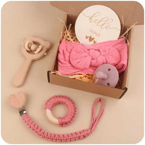 Colección Relajante Infantil Chupete de Silicona Sonajero Oso de Madera Clip de Chupete Crochet Diadema Lazo Disco Hito Bebé