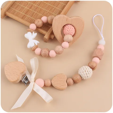 Handmade Baby Pacifier Clip And Heart Teether Set Silicone Beech Wood Beads With Satin Bow For Infant Soothing Teething Toy