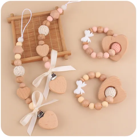 Handmade Baby Pacifier Clip And Heart Teether Set Silicone Beech Wood Beads With Satin Bow For Infant Soothing Teething Toy