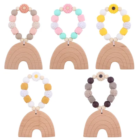 Baby Teether Toy Cartoon Rainbow Beech Wood Silicone Beads Bracelet For Infants Newborn Soothing Sensory Grasping Toy