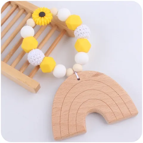 Baby Teether Toy Cartoon Rainbow Beech Wood Silicone Beads Bracelet For Infants Newborn Soothing Sensory Grasping Toy