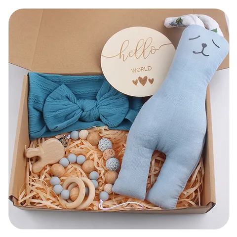 Rabbit Doll And Pacifier Clip Chain And Silicone Wood Teether And Bow Headband And Milestone Card Gift For Baby