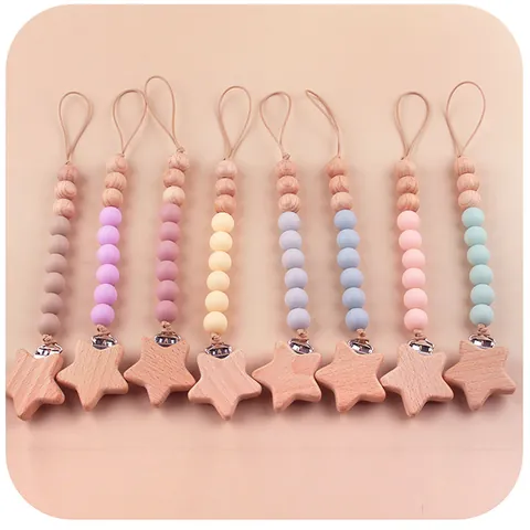 Baby Pacifier Clip Silicone Teether Chain Beech Wood Star Clip Anti-drop Soothing Holder Handmade Infant Nursing Accessory Macaron Color