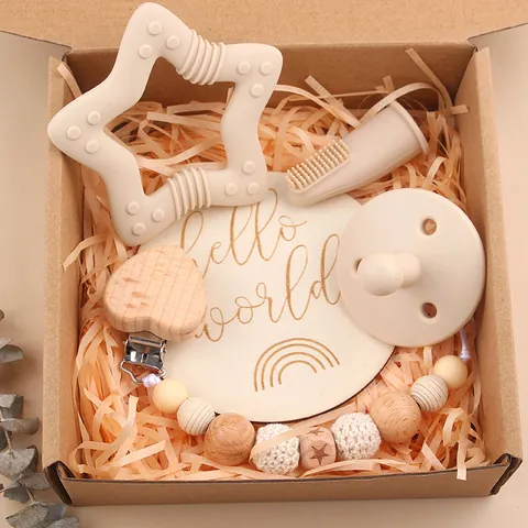 Baby Silicone Teether Pacifier Clip Beech Wood Star Teething Ring Finger Toothbrush Milestone Card Toddler Infant Gift Box