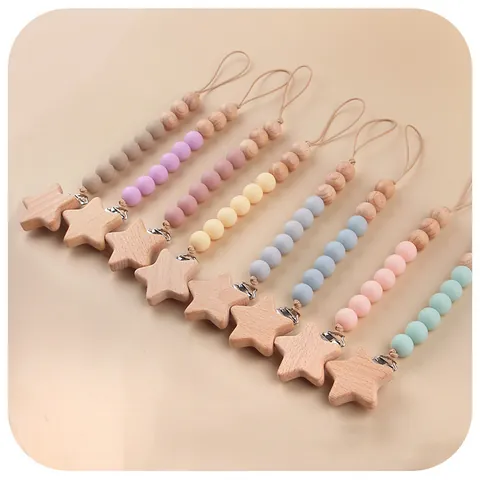 Baby Pacifier Clip Silicone Teether Chain Beech Wood Star Clip Anti-drop Soothing Holder Handmade Infant Nursing Accessory Macaron Color