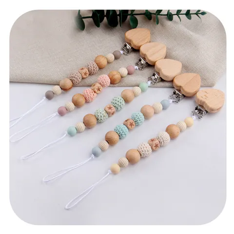 Handgefertigte Baby Schnullerkette Silikonperlen Buchenholz Herzform Verlustschutz Kette Für Kleinkinder Nordic Style Spielzeughalter