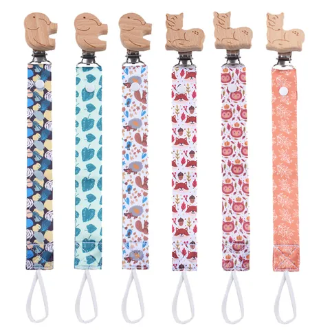 Cartoon Animal Beech Wood Baby Pacifier Clip Printed Fabric Anti Drop Chain For Newborn Infant Teether Soothing Accessory