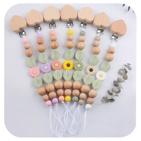 Silicone Pacifier Clip Beech Wood Heart Clip Beaded Chain Sunflower Daisy Baby Teething Toy Soothing Chain For Infant