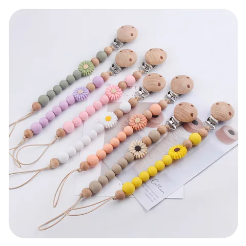 Silicone Beech Wood Baby Pacifier Clip Beaded Daisy Sunflower Dummy Chain Holder For Toddler Infant Soother Strap