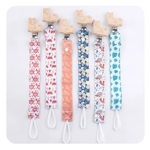 Cartoon Animal Beech Wood Baby Pacifier Clip Printed Fabric Anti Drop Chain For Newborn Infant Teether Soothing Accessory