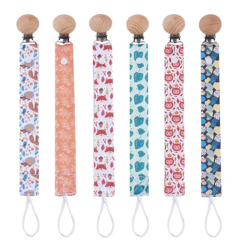Creative Round Beech Wood Baby Pacifier Clip Detachable Long Printed Cloth Strap Anti-Drop Chain For Infants Newborns