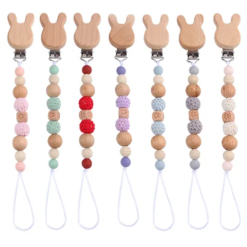 Catenella Portaciuccio in Silicone E Legno di Faggio Fatta a Mano Per Neonati Con Perle All'Uncinetto E Clip a Coniglio Supporto Per Ciuccio