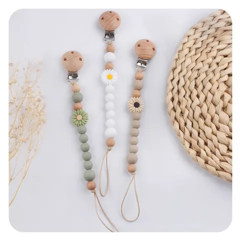 Silicone Beech Wood Baby Pacifier Clip Beaded Daisy Sunflower Dummy Chain Holder For Toddler Infant Soother Strap