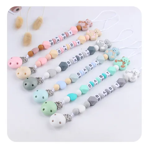 Silicone Pacifier Clip For Baby Cute Bear Design Letter Beads Pacifier Chain Anti Drop Infant Teething Toy Newborn Baby Gift