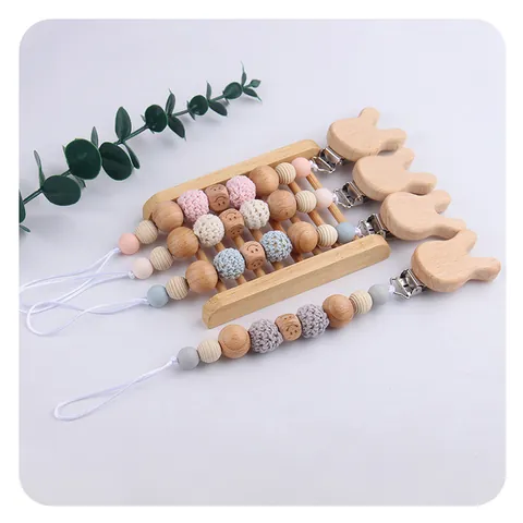 Catenella Portaciuccio in Silicone E Legno di Faggio Fatta a Mano Per Neonati Con Perle All'Uncinetto E Clip a Coniglio Supporto Per Ciuccio