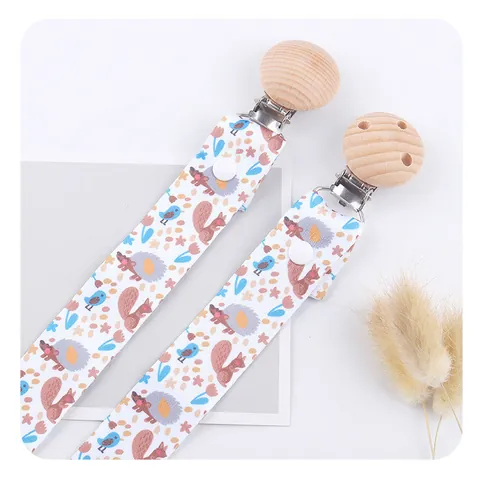 Creative Round Beech Wood Baby Pacifier Clip Detachable Long Printed Cloth Strap Anti-Drop Chain For Infants Newborns
