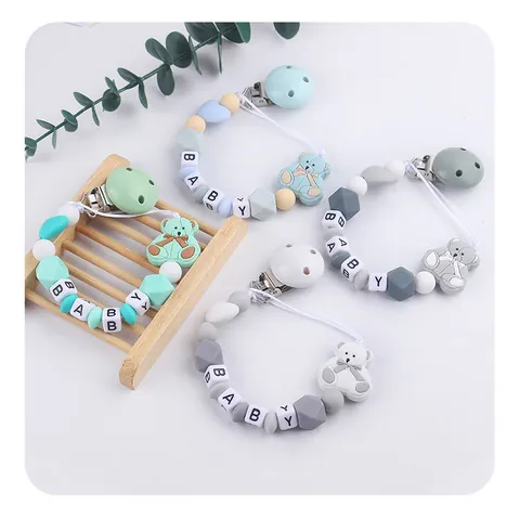 Silicone Pacifier Clip For Baby Cute Bear Design Letter Beads Pacifier Chain Anti Drop Infant Teething Toy Newborn Baby Gift