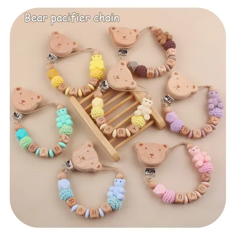 Beech Wood Bear Pacifier Clip Silicone Teething Beads Baby Teether Chain Handmade Crochet Beads Soothing Toy For Infants