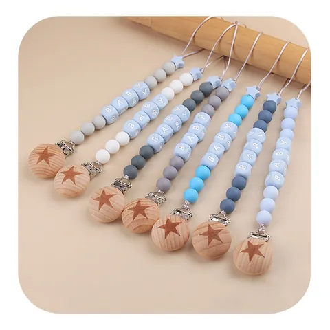 Silicone Beads Beech Wood Baby Pacifier Clip Star Pattern Letter Beads Anti-Drop Holder Chain For Infants Toddlers Baby Shower Gift