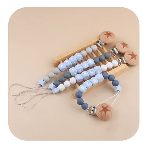 Silicone Beads Beech Wood Baby Pacifier Clip Star Pattern Letter Beads Anti-Drop Holder Chain For Infants Toddlers Baby Shower Gift