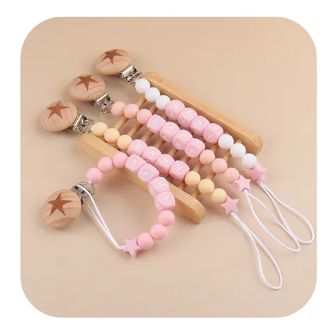 Beechwood Silicone Baby Pacifier Clip Chain With Alphabet Beads Star Pattern Anti Lost Pacifier Holder For Infant