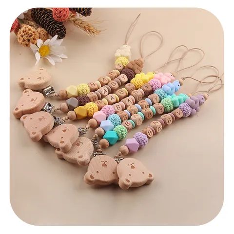 Beech Wood Bear Pacifier Clip Silicone Teething Beads Baby Teether Chain Handmade Crochet Beads Soothing Toy For Infants