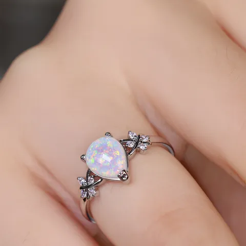 Women's Light Luxury Copper Ring Pear Shaped White Opal Floral Zircon Accents Platinum Plated Simple Aesthetic Jewelry Gift