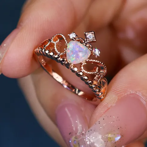 Vintage 925 Sterling Silver Rose Gold Plated Crown Ring Heart Fire Opal Zirconia Tiara Jewelry Gift For Women Girls Fashion