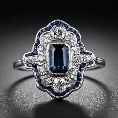 Vintage Victorian Royal Blue Zirconia Ring For Women Emerald Cut Rectangle Stone Copper Silver Plated Banquet Jewelry