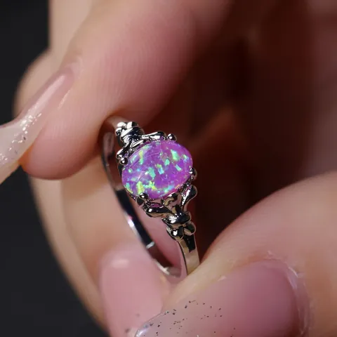 Minimalist Copper Four Claw Oval Opal Ring Vintage Carving Electroplated White Purple Opal Finger Ring For Women Jewelry