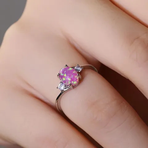 Bague en Cuivre à Trois Pierres Opale Ovale Avec Zircone Ronde Plaqué Or Argent Élégant Bijou de Mode Cadeau Pour Femme