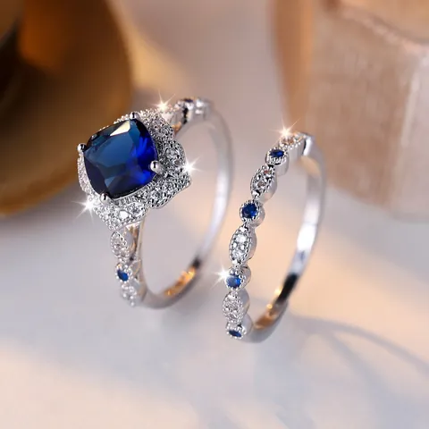 Luxury Royal Blue Square Zirconia Ring Set For Women Silver Plated Copper Halo Wedding Engagement Two Piece Ring Set Jewelry