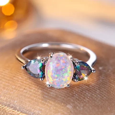 Ovale Witte Opaal Hartvormige Kleurrijke Steen Ring Verguld Koper Mode Sieraden Voor Vrouwen Dating Cadeau