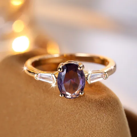 Elegant Oval Purple Cubic Zirconia Ring For Women Gold Plated Copper Geometric Baguette Side Stone Finger Ring Jewelry Gift