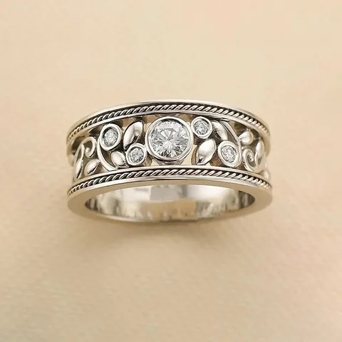 Vintage Baroque Hollow Flower Vine Leaf Wide Band Ring White Gold Plated Copper Zirconia Wedding Party Ring For Women